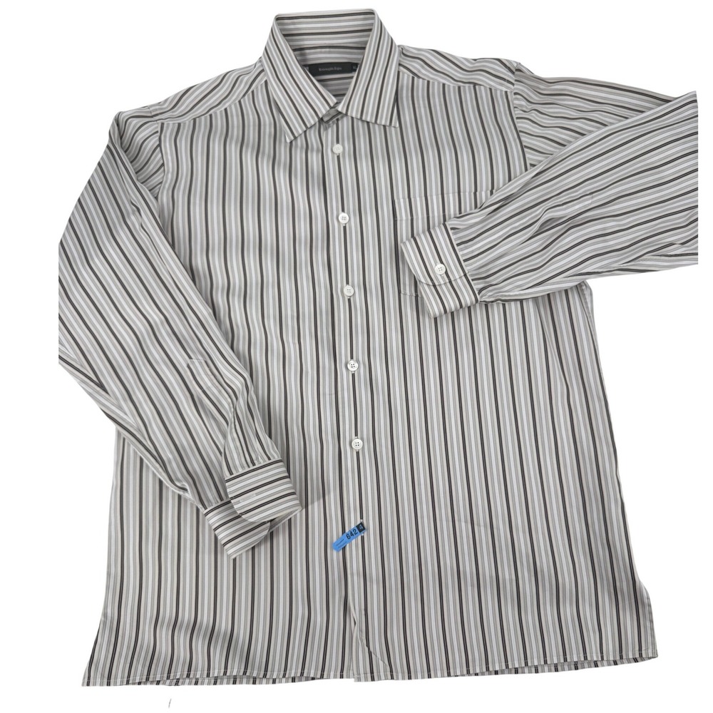 Ermenegildo Zegna Shirt XL‎ White Black Gray Striped Dress Mens Long Sleeve